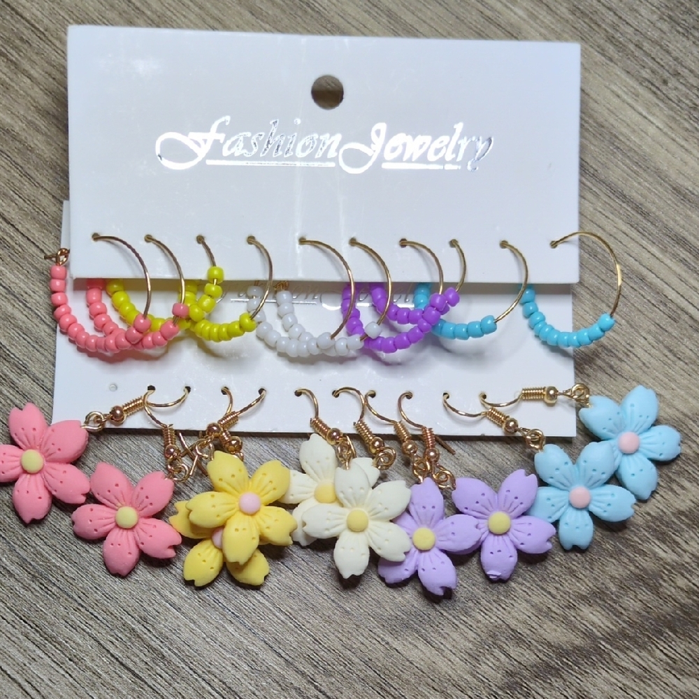 Colorful Flower and Bead Hoop Earrings Set